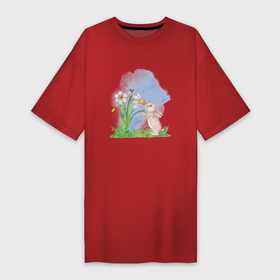 Платье-футболка хлопок с принтом Зайчик и цветы нарциссы акварельная иллюстрация в Курске,  |  | акварельный рисунок | вессение цветы | детский | детский рисунок | для детей | зайка | зайчик | нарциссы | нежность | цветы