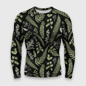 Мужской рашгард 3D с принтом Зелёные листья папоротника на черном фоне ,  |  | зеленые листья | листья | листья на темном фоне | папоротник | растения | растительный рисунок