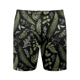 Мужские шорты спортивные с принтом Зелёные листья папоротника на черном фоне в Тюмени,  |  | зеленые листья | листья | листья на темном фоне | папоротник | растения | растительный рисунок