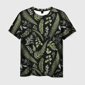 Мужская футболка 3D с принтом Зелёные листья папоротника на черном фоне , 100% полиэфир | прямой крой, круглый вырез горловины, длина до линии бедер | Тематика изображения на принте: зеленые листья | листья | листья на темном фоне | папоротник | растения | растительный рисунок