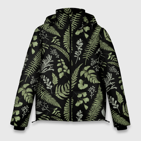 Мужская зимняя куртка 3D с принтом Зелёные листья папоротника на черном фоне , верх — 100% полиэстер; подкладка — 100% полиэстер; утеплитель — 100% полиэстер | длина ниже бедра, свободный силуэт Оверсайз. Есть воротник-стойка, отстегивающийся капюшон и ветрозащитная планка. 

Боковые карманы с листочкой на кнопках и внутренний карман на молнии. | зеленые листья | листья | листья на темном фоне | папоротник | растения | растительный рисунок