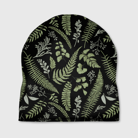Шапка 3D с принтом Зелёные листья папоротника на черном фоне в Тюмени, 100% полиэстер | универсальный размер, печать по всей поверхности изделия | зеленые листья | листья | листья на темном фоне | папоротник | растения | растительный рисунок