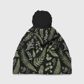 Шапка 3D c помпоном с принтом Зелёные листья папоротника на черном фоне в Екатеринбурге, 100% полиэстер | универсальный размер, печать по всей поверхности изделия | зеленые листья | листья | листья на темном фоне | папоротник | растения | растительный рисунок