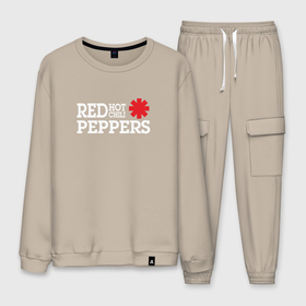 Мужской костюм хлопок с принтом RHCP. Logo Red Hot Chili Peppers в Белгороде, 100% хлопок | на свитшоте круглая горловина, мягкая резинка по низу. Брюки заужены к низу, на них два вида карманов: два “обычных” по бокам и два объемных, с клапанами, расположенные ниже линии бедра. Брюки с мягкой трикотажной резинкой на поясе и по низу штанин. В поясе для дополнительного комфорта — широкие завязки | Тематика изображения на принте: anthony | chad | chili | flea | frusciante | hot | john | kiedis | peppers | red | red hot chili peppers | rhcp | rock | smith | джон | кидис | красные | острые | перцы | рок | смит | фли | фрушанте | чили | чэд | энтони