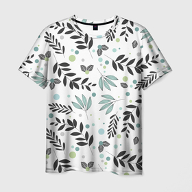 Мужская футболка 3D с принтом Ботанический паттерн с листочками в Екатеринбурге, 100% полиэфир | прямой крой, круглый вырез горловины, длина до линии бедер | ботаника | ботанический | листья | паттерн | растение | растения | узор | универсальный | ягоды