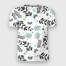 Мужская футболка 3D Slim с принтом Ботанический паттерн с листочками в Белгороде, 100% полиэстер с улучшенными характеристиками | приталенный силуэт, круглая горловина, широкие плечи, сужается к линии бедра | ботаника | ботанический | листья | паттерн | растение | растения | узор | универсальный | ягоды