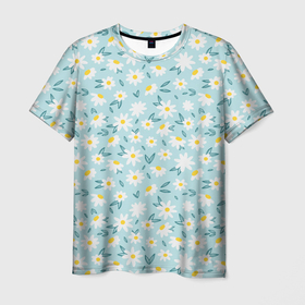 Мужская футболка 3D с принтом Весенние ромашки в Екатеринбурге, 100% полиэфир | прямой крой, круглый вырез горловины, длина до линии бедер | Тематика изображения на принте: паттерн | природа | ромашка | солнышко | цветики | цветы