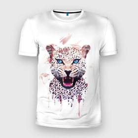 Мужская футболка 3D Slim с принтом Звездный гепард в Екатеринбурге, 100% полиэстер с улучшенными характеристиками | приталенный силуэт, круглая горловина, широкие плечи, сужается к линии бедра | Тематика изображения на принте: гепард | дикая кошка | кошка | крупная кошка | оскал