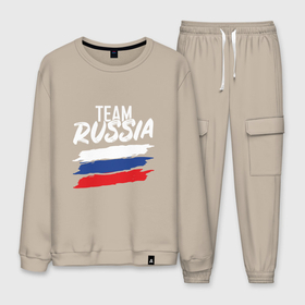 Мужской костюм хлопок с принтом Team   Russia в городе Новоалтайск, 100% хлопок | на свитшоте круглая горловина, мягкая резинка по низу. Брюки заужены к низу, на них два вида карманов: два “обычных” по бокам и два объемных, с клапанами, расположенные ниже линии бедра. Брюки с мягкой трикотажной резинкой на поясе и по низу штанин. В поясе для дополнительного комфорта — широкие завязки | russia | патриот | россия | россиянин | русская | русский | спорт | страна | триколор | флаг