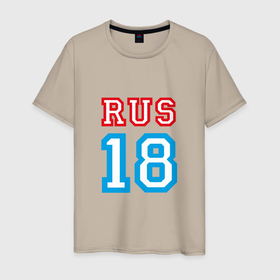 Мужская футболка хлопок с принтом RUS 18 в Екатеринбурге, 100% хлопок | прямой крой, круглый вырез горловины, длина до линии бедер, слегка спущенное плечо. | Тематика изображения на принте: russia | патриот | россия | россиянин | русская | русский | спорт | страна | триколор | флаг