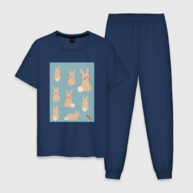 Мужская пижама хлопок с принтом Пасхальные зайчики в Белгороде, 100% хлопок | брюки и футболка прямого кроя, без карманов, на брюках мягкая резинка на поясе и по низу штанин
 | весна | кролик | морковь | пасха | пасхальное яйцо | праздник