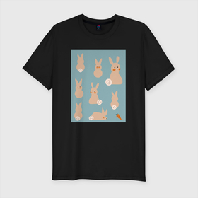 Мужская футболка хлопок Slim с принтом Пасхальные зайчики в Тюмени, 92% хлопок, 8% лайкра | приталенный силуэт, круглый вырез ворота, длина до линии бедра, короткий рукав | весна | кролик | морковь | пасха | пасхальное яйцо | праздник