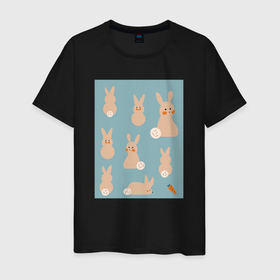 Мужская футболка хлопок с принтом Пасхальные зайчики в Новосибирске, 100% хлопок | прямой крой, круглый вырез горловины, длина до линии бедер, слегка спущенное плечо. | Тематика изображения на принте: весна | кролик | морковь | пасха | пасхальное яйцо | праздник