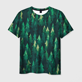 Мужская футболка 3D с принтом Еловый лес   spruce forest , 100% полиэфир | прямой крой, круглый вырез горловины, длина до линии бедер | дерево | деревья | елка | елки | еловый лес | зелёный | зеленый лес | лес | лес минимализм | лесок | лесочек | цвет