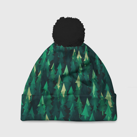 Шапка 3D c помпоном с принтом Еловый лес   spruce forest , 100% полиэстер | универсальный размер, печать по всей поверхности изделия | дерево | деревья | елка | елки | еловый лес | зелёный | зеленый лес | лес | лес минимализм | лесок | лесочек | цвет