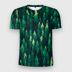 Мужская футболка 3D Slim с принтом Еловый лес   spruce forest в Петрозаводске, 100% полиэстер с улучшенными характеристиками | приталенный силуэт, круглая горловина, широкие плечи, сужается к линии бедра | дерево | деревья | елка | елки | еловый лес | зелёный | зеленый лес | лес | лес минимализм | лесок | лесочек | цвет