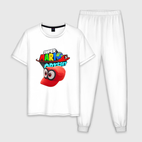 Мужская пижама хлопок с принтом Super Mario Odyssey   Nintendo   Бейсболка , 100% хлопок | брюки и футболка прямого кроя, без карманов, на брюках мягкая резинка на поясе и по низу штанин
 | baseball cap | eyes | nintendo | odyssey | super mario | video game | бейсболка | видеоигра | глаза | нинтендо | супер марио
