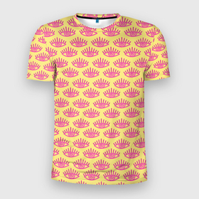 Мужская футболка 3D Slim с принтом Глаза, гипноз в Санкт-Петербурге, 100% полиэстер с улучшенными характеристиками | приталенный силуэт, круглая горловина, широкие плечи, сужается к линии бедра | вместо зрачка | гипноз | глаза | желтый | паттерн | ретро | розовый | спираль | узор | яркий