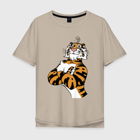 Мужская футболка хлопок Oversize с принтом Cool Tiger   Power   Muzzle в Тюмени, 100% хлопок | свободный крой, круглый ворот, “спинка” длиннее передней части | ears | eyes | moustache | muzzle | paws | power | tiger | глаза | лапы | мощь | тигр | усы | уши