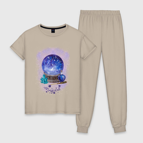Женская пижама хлопок с принтом Фиолетовый магический шар в Екатеринбурге, 100% хлопок | брюки и футболка прямого кроя, без карманов, на брюках мягкая резинка на поясе и по низу штанин | волшебная палочка | зелье | кристаллы | магический | магический шар | магия | мистика | мистический | стеклянный шар