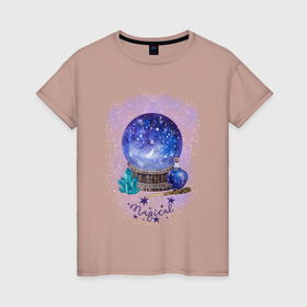 Женская футболка хлопок с принтом Фиолетовый магический шар , 100% хлопок | прямой крой, круглый вырез горловины, длина до линии бедер, слегка спущенное плечо | волшебная палочка | зелье | кристаллы | магический | магический шар | магия | мистика | мистический | стеклянный шар