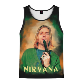 Мужская майка 3D с принтом Nirvana   Kurt Cobain with a gun в Курске, 100% полиэстер | круглая горловина, приталенный силуэт, длина до линии бедра. Пройма и горловина окантованы тонкой бейкой | Тематика изображения на принте: grunge | guns | kurt cobain | music | nirvana | portrait | rock | smells like teen spirit | арт | гранж | курт кобейн | мужчины | музыка | надписи | нирвана | портрет | пушки | рок
