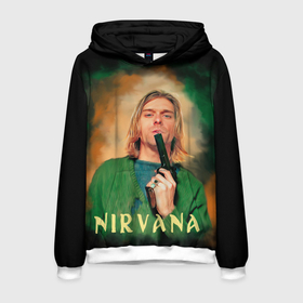 Мужская толстовка 3D с принтом Nirvana   Kurt Cobain with a gun в Курске, 100% полиэстер | двухслойный капюшон со шнурком для регулировки, мягкие манжеты на рукавах и по низу толстовки, спереди карман-кенгуру с мягким внутренним слоем. | grunge | guns | kurt cobain | music | nirvana | portrait | rock | smells like teen spirit | арт | гранж | курт кобейн | мужчины | музыка | надписи | нирвана | портрет | пушки | рок