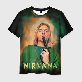 Мужская футболка 3D с принтом Nirvana   Kurt Cobain with a gun в Курске, 100% полиэфир | прямой крой, круглый вырез горловины, длина до линии бедер | Тематика изображения на принте: grunge | guns | kurt cobain | music | nirvana | portrait | rock | smells like teen spirit | арт | гранж | курт кобейн | мужчины | музыка | надписи | нирвана | портрет | пушки | рок