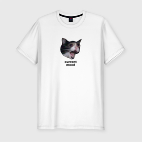 Мужская футболка хлопок Slim с принтом current mood в Белгороде, 92% хлопок, 8% лайкра | приталенный силуэт, круглый вырез ворота, длина до линии бедра, короткий рукав | current mood | help | mood | все бесит | дедлайны | кот | кот орет | котомем | мем | сессия