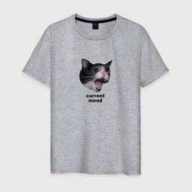 Мужская футболка хлопок с принтом current mood в Новосибирске, 100% хлопок | прямой крой, круглый вырез горловины, длина до линии бедер, слегка спущенное плечо. | current mood | help | mood | все бесит | дедлайны | кот | кот орет | котомем | мем | сессия