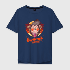 Мужская футболка хлопок Oversize с принтом Summer Paradise   Шимпанзе в Петрозаводске, 100% хлопок | свободный крой, круглый ворот, “спинка” длиннее передней части | monkey | paradise | summer | лето | море | обезьяна | отдых | отпуск | пальма | пляж | приматы | рай | шимпанзе