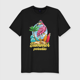 Мужская футболка хлопок Slim с принтом Summer Paradise   Фламинго в Тюмени, 92% хлопок, 8% лайкра | приталенный силуэт, круглый вырез ворота, длина до линии бедра, короткий рукав | flamingo | paradise | summer | лето | море | отдых | отпуск | пальма | пляж | птица | рай | розовый | фламинго