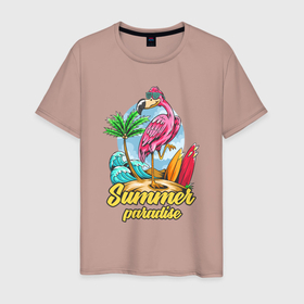 Мужская футболка хлопок с принтом Summer Paradise   Фламинго , 100% хлопок | прямой крой, круглый вырез горловины, длина до линии бедер, слегка спущенное плечо. | flamingo | paradise | summer | лето | море | отдых | отпуск | пальма | пляж | птица | рай | розовый | фламинго