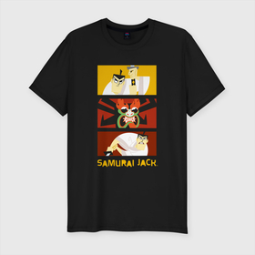 Мужская футболка хлопок Slim с принтом Aku and Jack в Тюмени, 92% хлопок, 8% лайкра | приталенный силуэт, круглый вырез ворота, длина до линии бедра, короткий рукав | aku | animated series | cn_3138507_006275 | demon | jack | mult | samurai | samurai jack | shtatcn | the samurai | аку | демон | джек | мульт | мультик | мультфильм | самурай | самурай джек