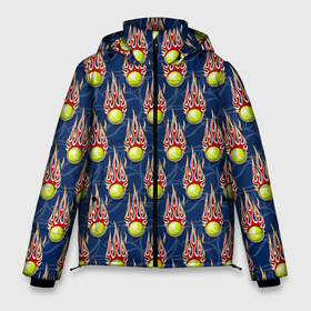 Мужская зимняя куртка 3D с принтом Теннисные мячики в огне в Петрозаводске, верх — 100% полиэстер; подкладка — 100% полиэстер; утеплитель — 100% полиэстер | длина ниже бедра, свободный силуэт Оверсайз. Есть воротник-стойка, отстегивающийся капюшон и ветрозащитная планка. 

Боковые карманы с листочкой на кнопках и внутренний карман на молнии. | Тематика изображения на принте: atp | itf | tennis | wta | игра | кубок дэвиса | кубок кремля | кубок уайтмен | кубок федерации | кубок хопмана | ракетка | соревнования | спорт | теннис | теннисный клуб | теннисный мяч