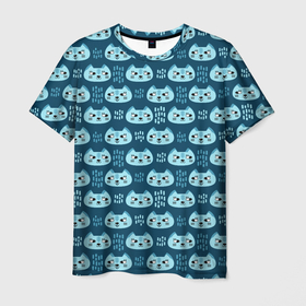 Мужская футболка 3D с принтом Мордочки котов в плоском стиле. Паттерн в Екатеринбурге, 100% полиэфир | прямой крой, круглый вырез горловины, длина до линии бедер | дудл стиль | кот | котенок | котики | кошка | мультяшный стиль | оттенки синего | паттерн | плоский стиль | синий