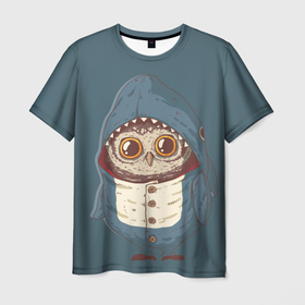 Мужская футболка 3D с принтом Совушка в костюме акулы , 100% полиэфир | прямой крой, круглый вырез горловины, длина до линии бедер | пернатый | птица | сова | совенок | совушка