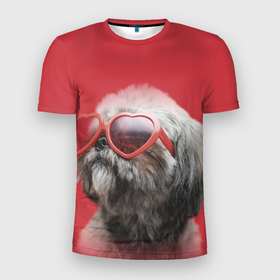 Мужская футболка 3D Slim с принтом Собака в розовых очках в Кировске, 100% полиэстер с улучшенными характеристиками | приталенный силуэт, круглая горловина, широкие плечи, сужается к линии бедра | животное | милота | очки | розовое | собака | щенок