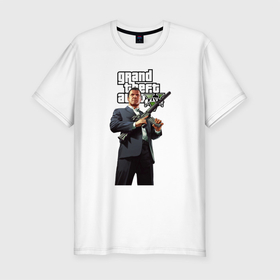 Мужская футболка хлопок Slim с принтом GTA 5 Gangster в Екатеринбурге, 92% хлопок, 8% лайкра | приталенный силуэт, круглый вырез ворота, длина до линии бедра, короткий рукав | automat | gangster | gta | gta 5 | mafia | man | reload | автомат | гангстер | гта | гта 5 | мафия | мужик | перезарядка