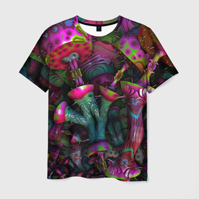 Мужская футболка 3D с принтом Вот такие грибочки   Pattern   Психоделика , 100% полиэфир | прямой крой, круглый вырез горловины, длина до линии бедер | Тематика изображения на принте: color | fashion | mushroom | pattern | грибы | мода | узор | цвет
