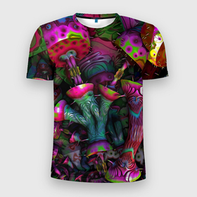 Мужская футболка 3D Slim с принтом Вот такие грибочки   Pattern   Психоделика в Петрозаводске, 100% полиэстер с улучшенными характеристиками | приталенный силуэт, круглая горловина, широкие плечи, сужается к линии бедра | color | fashion | mushroom | pattern | грибы | мода | узор | цвет