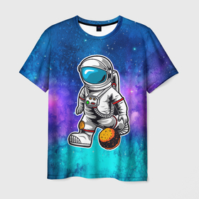 Мужская футболка 3D с принтом Космонавт играет  планетой в Екатеринбурге, 100% полиэфир | прямой крой, круглый вырез горловины, длина до линии бедер | Тематика изображения на принте: астрология | баскетбол | космонавт | космос | нба | планета