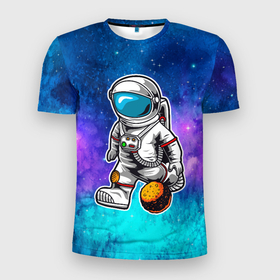 Мужская футболка 3D Slim с принтом Космонавт играет  планетой в Екатеринбурге, 100% полиэстер с улучшенными характеристиками | приталенный силуэт, круглая горловина, широкие плечи, сужается к линии бедра | Тематика изображения на принте: астрология | баскетбол | космонавт | космос | нба | планета