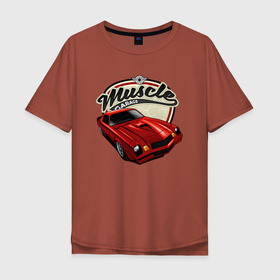 Мужская футболка хлопок Oversize с принтом Muscle Красная классика авто в Белгороде, 100% хлопок | свободный крой, круглый ворот, “спинка” длиннее передней части | автомобиль | гонки | гоночная | классика | красное авто | машина | старая машина