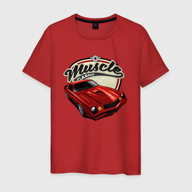 Мужская футболка хлопок с принтом Muscle Красная классика авто в Кировске, 100% хлопок | прямой крой, круглый вырез горловины, длина до линии бедер, слегка спущенное плечо. | автомобиль | гонки | гоночная | классика | красное авто | машина | старая машина