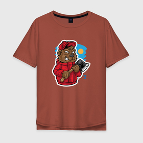 Мужская футболка хлопок Oversize с принтом Медведь дровосек в Кировске, 100% хлопок | свободный крой, круглый ворот, “спинка” длиннее передней части | дровосек | медведь | мишка | топор