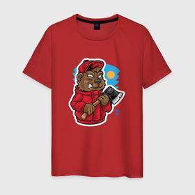 Мужская футболка хлопок с принтом Медведь дровосек , 100% хлопок | прямой крой, круглый вырез горловины, длина до линии бедер, слегка спущенное плечо. | дровосек | медведь | мишка | топор