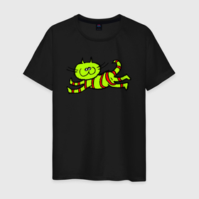 Мужская футболка хлопок с принтом Зеленый  полосатый  кот в Новосибирске, 100% хлопок | прямой крой, круглый вырез горловины, длина до линии бедер, слегка спущенное плечо. | в полоску | зеленый кот | кот | котенок | кошка | полосатый
