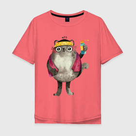 Мужская футболка хлопок Oversize с принтом Котик после душа в Тюмени, 100% хлопок | свободный крой, круглый ворот, “спинка” длиннее передней части | Тематика изображения на принте: душ | кот | котенок | котик | кошка | мытье