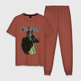 Мужская пижама хлопок с принтом GTA Orange gangster в Санкт-Петербурге, 100% хлопок | брюки и футболка прямого кроя, без карманов, на брюках мягкая резинка на поясе и по низу штанин
 | automat | gangster | gta | gta sa | san andreas | автомат | гангстер | гта | сан андреас